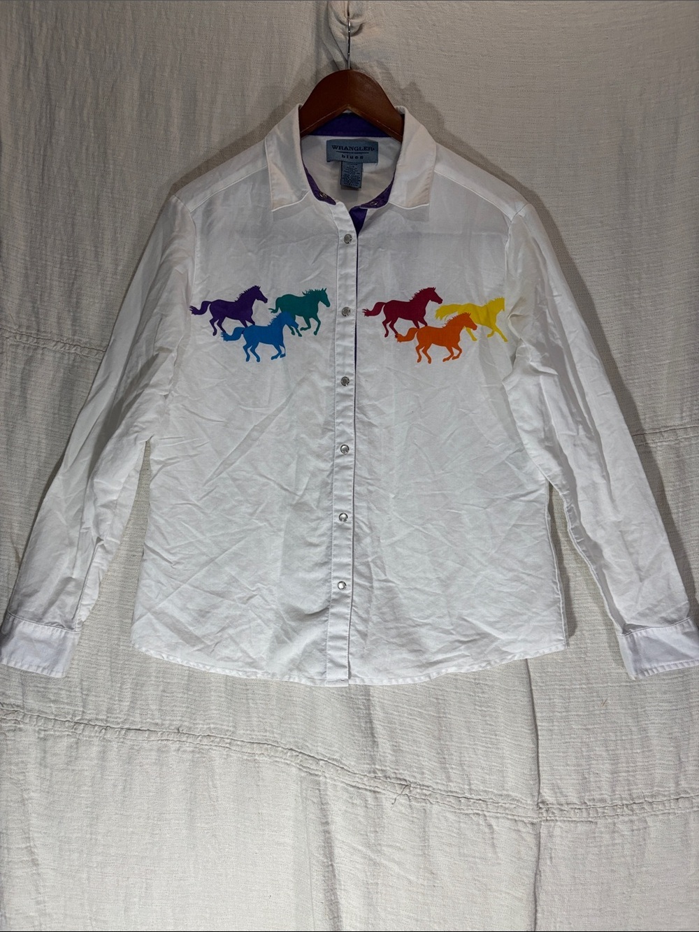 VTG Wrangler Blues Western Horse Button Up Shirt White Large Ramie Cotton Blend